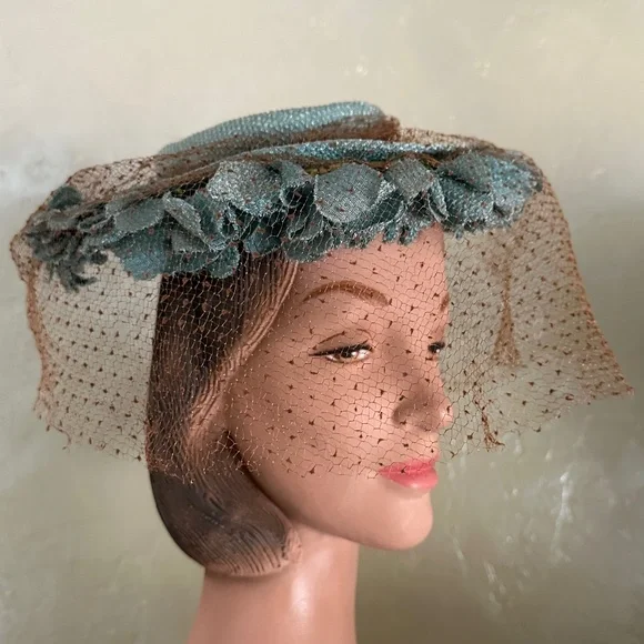 GLAMOROUS 1940s\' TEAL FABRIC FEDORA WITH MATCHING  FABRIC FLOWERS & BROWN VEIL Wedding Teal Cowboy Hat With Veil Hand Burned Sunflowers  main image 2